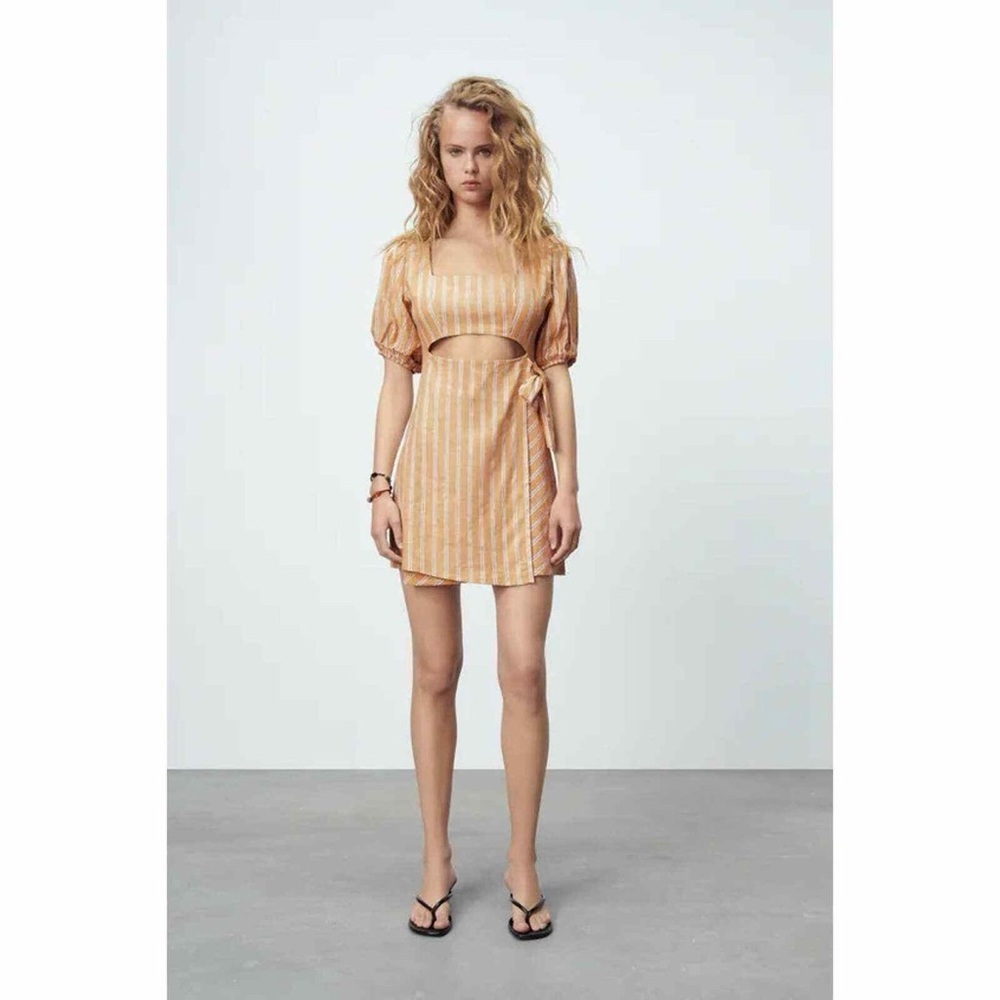 Zara Sunkissed Linen Cutout Mini Coastal Cowgirl Cottagecore Mustard Yellow M - Picture 9 of 15
